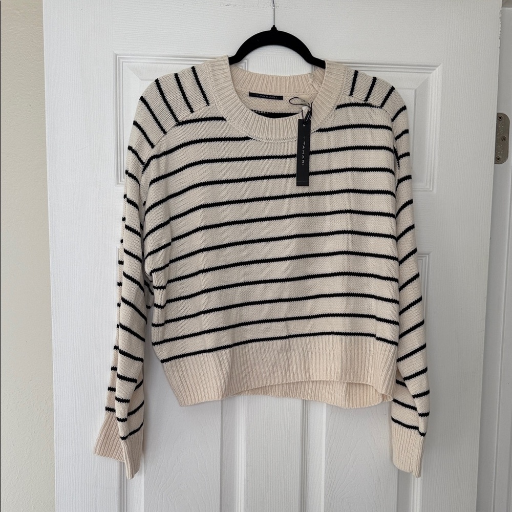 T Tahari Cream and Black Striped Sweater